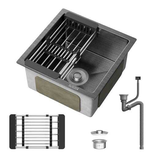 Kitchen Sink 40 x 40cm Campervan Sink with Waste Kit Drain Pipe Pull-Out Drainer Basket Single Bowl Topmount Workstation Stainless Suitable for Kitchen Bathroom Caravan Travelling