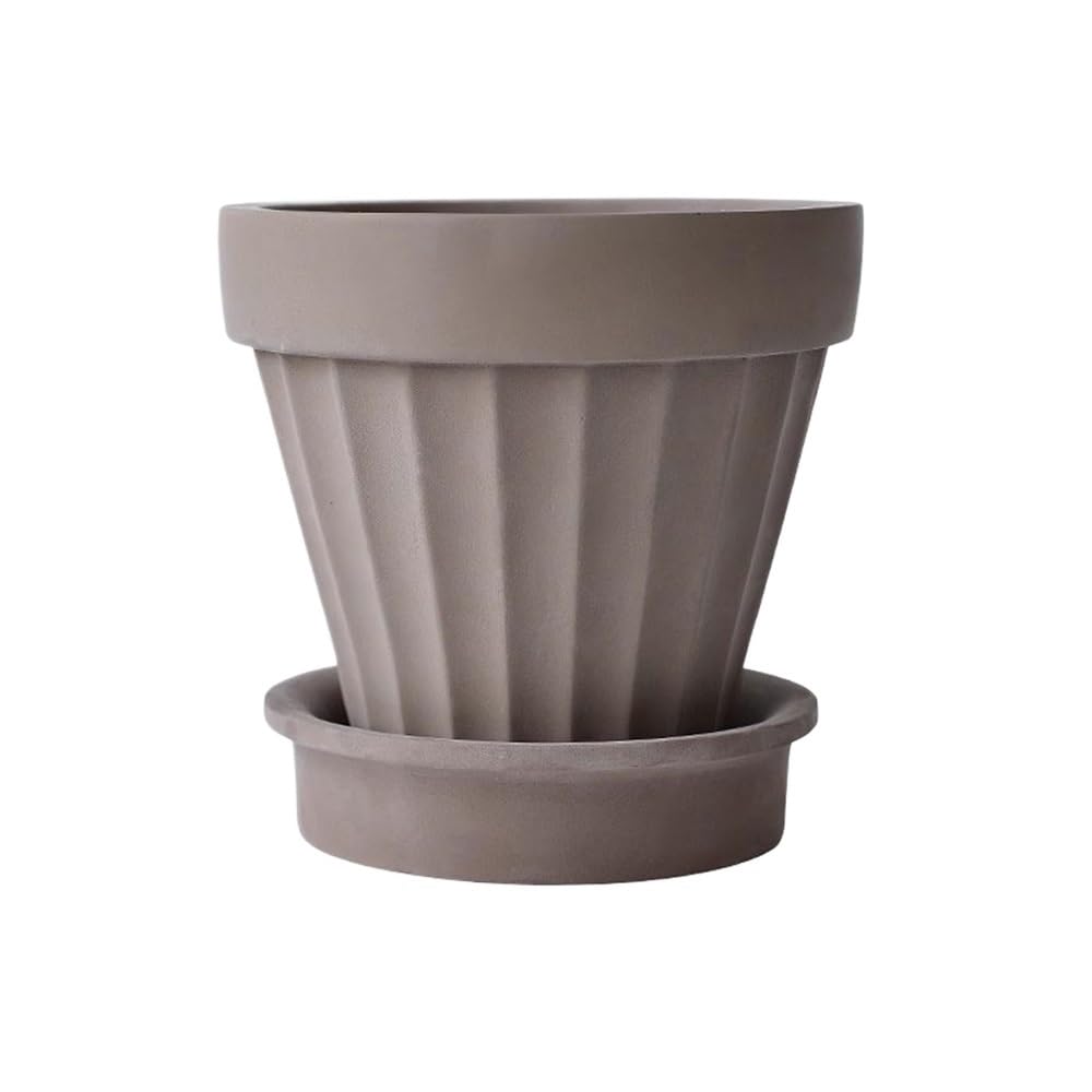 SDA287MZ Round with Streaks Texture Plant Pot, Cement Planter, with Drainage Hole and Saucers Trays Plants Container, for Balcony Bedroom Living Room (2 Colours) Multifunction(Bruin)