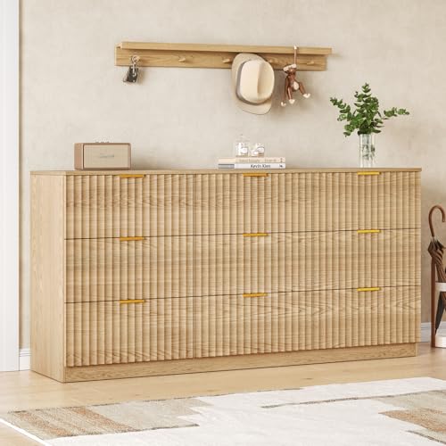 Image of Fluted 9 Drawer Dresser for Bedroom,60.3'' W Modern Dresser for Closet with Metal Handle, Wooden Chest of Drawers for Bedroom, Living Room, Hallway, Natural