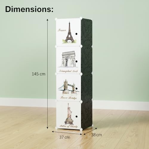 Image of KRISHYAM Kids Modular Storage Cabinet with Travel Landmark Design Doors, 4 Cube Plastic Wardrobe Organizer, DIY Closet System with Hanging Rod, Toy & Clothes Storage (Tower Print, 4 Box)