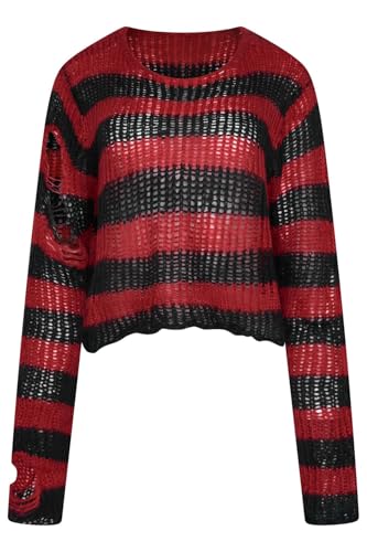 Image of Ro Rox Ryette Cropped Striped Knit Jumper for Women – Distressed Oversized Grunge Gothic Sweater, Long Sleeve Alternative Punk Alt Top Black-red