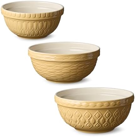 Vintage Farm Stoneware Mixing Bowl Set, 3-Piece, Includes 2 Qt, 3 Qt & 4.25 Qt Bowls, Embossed Patterns in Golden-Honey Finish, Durable & Nesting Design, Perfect for Mixing, Baking & Serving - Thumbnail 5