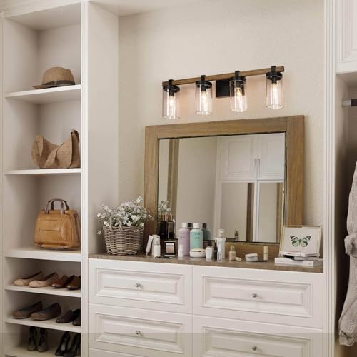Image of Farmhouse Bathroom Vanity Light Fixtures, 4-Light Large Faux Wood Bathroom Lights Over Mirror, 28 inch Rustic Vanity Lights for Bathroom with Seeded Glass Shade