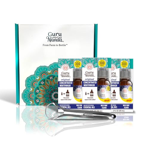 GuruNanda Concentrated Mouthwash (3x2 fl oz), Supports 300 Rinses, Aids in Fresh Breath, Fluoride-Free, Mint Mouthwash with Natural Essential Oils