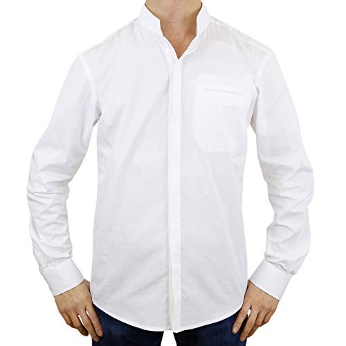 Sinologie Chemise col Mao Officier en Popeline de Coton Blanc (L)