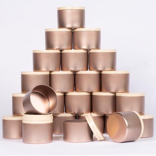 24-Pack 8oz Cylinder Candle Tins with Wood-grain Lids Multi-Purpose Containers for Storage,Aromatherapy Candle Making, Small Plants, Holiday Gifts & Arts & Crafts (Rose Gold)