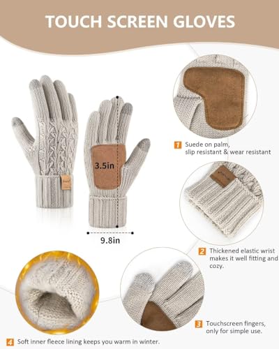 Winuesa Mütze, Schal & Handschuh-Sets für Damen, Beanie Mütze Damen Winter mit Bommel Fleece Gefütterte, Touchscreen Handschuhe Schal Wärmer Cap 3 in 1 Geschenk Set(Haferflocken)