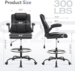 Leather Drafting Chair,Tall Office Chair for Standing Desk,Black | Inflatable Lumbar Support,27.5"-35.5"Adjustable Height,Foot Ring,Flip-up Armrests,High Executive Chair Counter Studio Chair