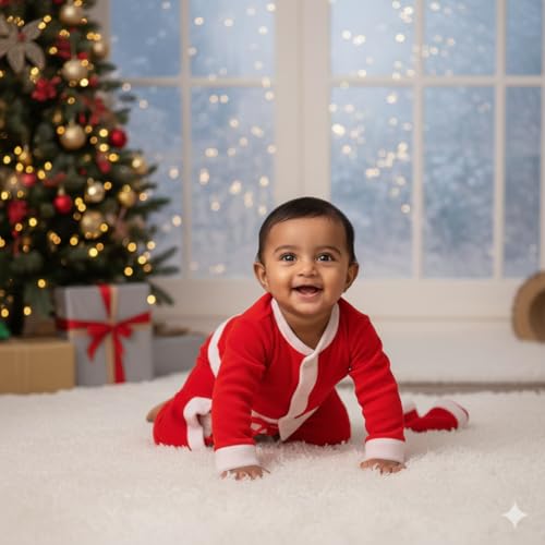 Image of PoPo Toys Santa Claus Costume for Christmas Children 1-3 Years| Red Santa Suit with Fur Trim, Belt, Hat & Beard | Xmas Party & Fancy Dress Outfit Size 0