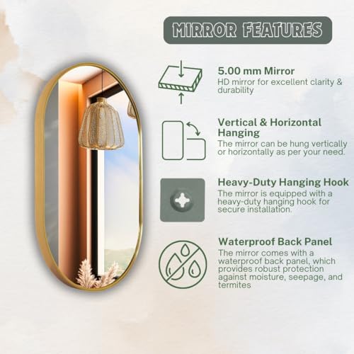 Image of Metal Frame Mirror Glass for Wall /Aluminium Circular Bathroom Wall Mirror 18x24 Inch /Mirror for Bathroom /Bedroom /Living Room /Entryway /Dressing Room /Decorative /Vanity| AFM1824A5