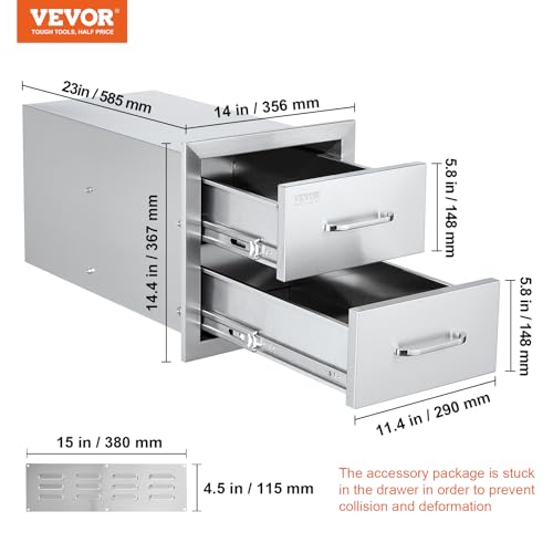 Image of VEVOR Outdoor Kitchen Cabinets 14W x 14.3H x 23D Inch, BBQ Island Drawers Stainless Steel, Flush Mount Double with Handle, BBQ Island for Outdoor Kitchens or Grill Station