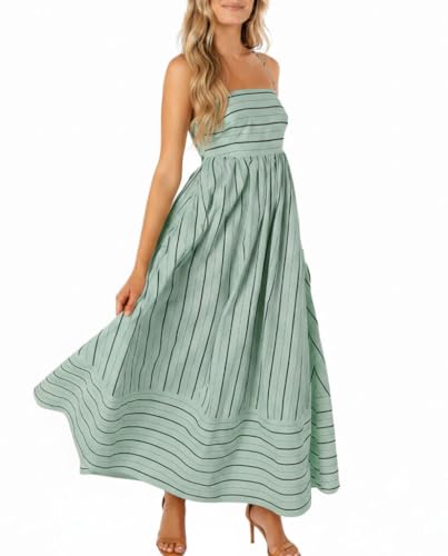chouyatou Women's Striped Back Smocked Maxi Dress Sexy Spaghetti Strap Cut Out Flowy Swing Long Dress (Large, Green)