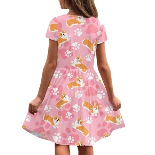 Image of Girls Dress with Pockets Basic Short Sleeve High Waist Swing Skater Dress School Party Dress for Kids