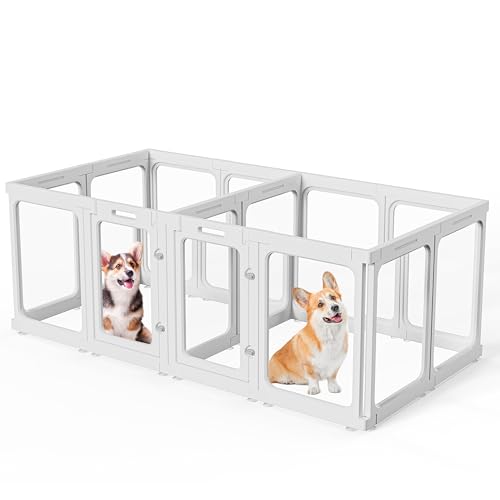 Aoole Clear Acrylic Dog Playpen with Door, for Puppy Cat Rabbit Transparent Pet Pen, Dog Playpen Indoor, Dog Fence, Easy Assemble & Cleaning Dog Pen for Small & Medium Dogs (23.6“ Height, 14PCS)