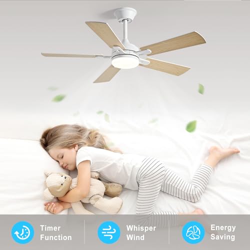 Image of Depuley 42-inch Ceiling Fan with Light: White Ceiling Fan for Living Room Indoor Outdoor - Modern Ceiling Fan with Remote Control 3CCT Dimmable Noiseless 5 Reversible Wood Blades 6 Speeds Timer