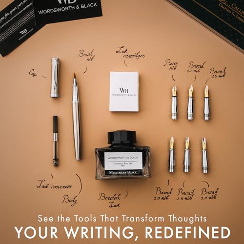 Image of Wordsworth & Black Luxury Calligraphy Pen Set for Writing, 6 Nibs,Silver | Fountain Ink Bottle, Cartridges & Refill Converter, Refillable, Silver, High End Gift for Men & Women, Journaling & Lettering