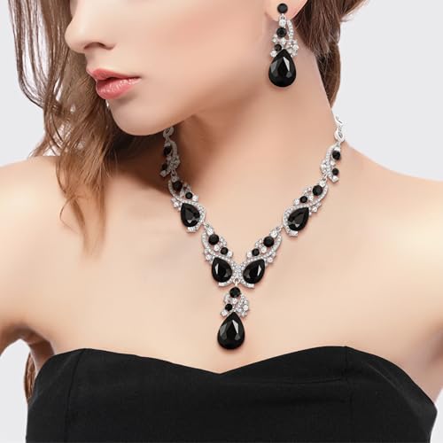 BriLove Wedding Bridal Jewelry Set for Women Multi Teardrop Cluster Crystal Statement Necklace Dangle Earrings for Party Accessories Black Silver-Tone