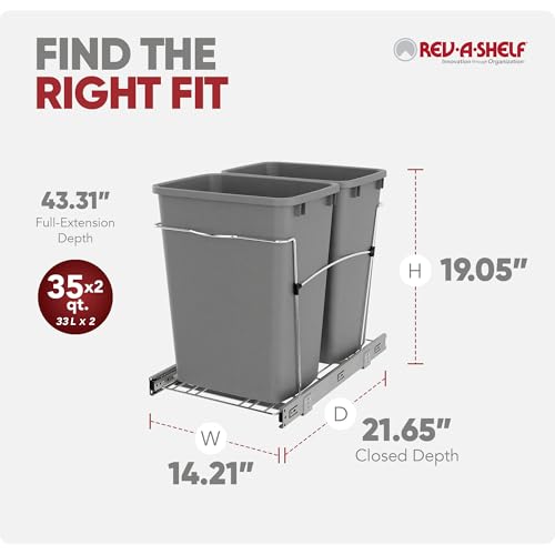 Image of Rev-A-Shelf Double Pullout Garbage Trash Cans for Kitchen Cabinets, 35 Qt