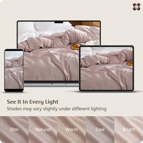 Image of Bedsure PureWoven 100% Washed Cotton Duvet Cover Only, Queen, Petal Pink | 1 Duvet Cover, No Pillow Shams, Linen Like Textured, Lightweight & Breathable for All Seasons, Zipper Closure, 8 Corner Ties