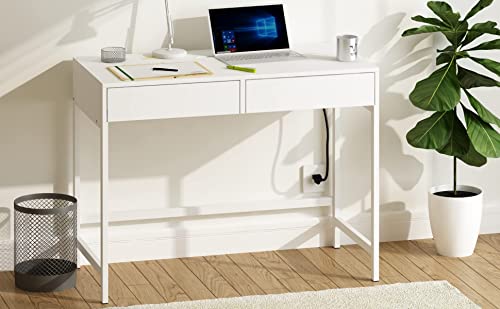 Treocho Computer Desk With Usb Charging Ports And Power Outlets, Modern Simple 40 Inch White Desk With 2 Drawers, Vanity Desk, Makeup Table For Home Office, Bedroom #TOP5