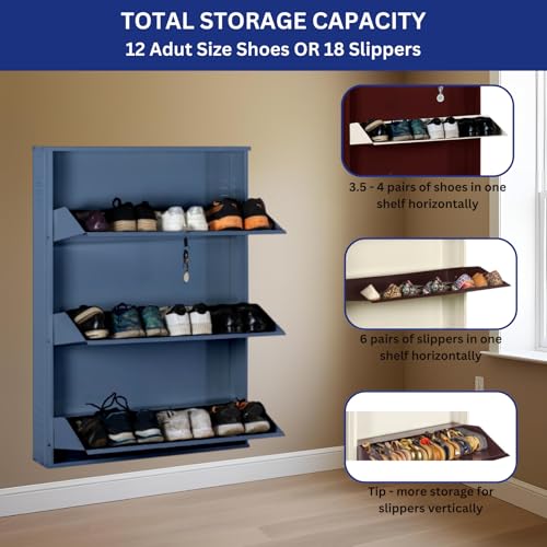 Image of DELITE KOM 29 Inch Wide, 3 Shelf Metal Shoe Rack Wall Mounted for Home with Central Lock Holds Upto 12 Shoes or 18 Slippers Pair | 1 Year Warranty | (41 x 29 x 5, Graphite Grey) DIY Space Saving