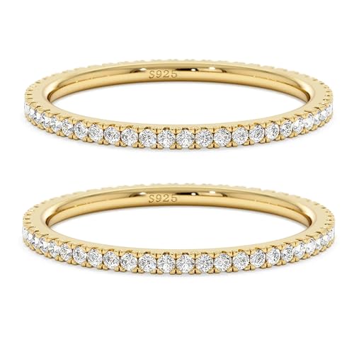 2mm 925 Sterling Silver Rings Gold Engagement Wedding Bands Eternity Cubic Zirconia Simulated Diamond 2pairs Stackable Ring for Women Size 5-10