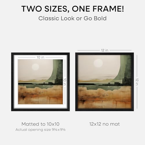 Image of Homeforia 12x12 Black Wood Frame Matted to 10x10 Print, High End Oak 12 x 12 Square Picture Frame with Mat 10 x 10 for Photo, 12by12 Black Wooden Thin Poster Frames, Tempered Glass, Wall Kit, Set of 1