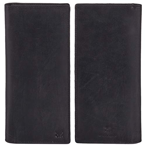 Image of Long Wallet for Men Women Real Leather Bifold RFID Stylish Slim Handmade 2 ID Window Credit Card Holder in Gift Box (Black, Crazy Horse)