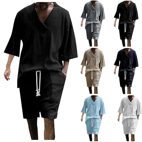 Cute Beach Outfits for Women Men Jacquard Casual Sets Summer Loose Short Sleeve Shorts V Neck Sport Two Piece Outfits