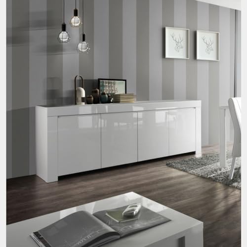 Madia Moderna per Soggiorno con 4 Ante e Ripiani Spaziosi Complemento d’Arredo per Salotto Contemporaneo Bianco Lucido ML1