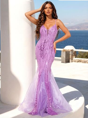 Image of Spaghetti Sequin Formal Dress Tulle Mermaid Floor Length Evening Night Party Gown