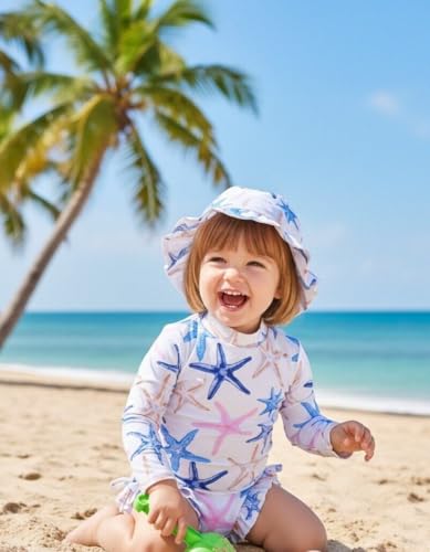 Image of Renotemy Baby Girls Swimsuit Drawstring Zip Bathing Suit Long Sleeve One-Piece Rash Guard Swimwear with Hat for Infant Girl