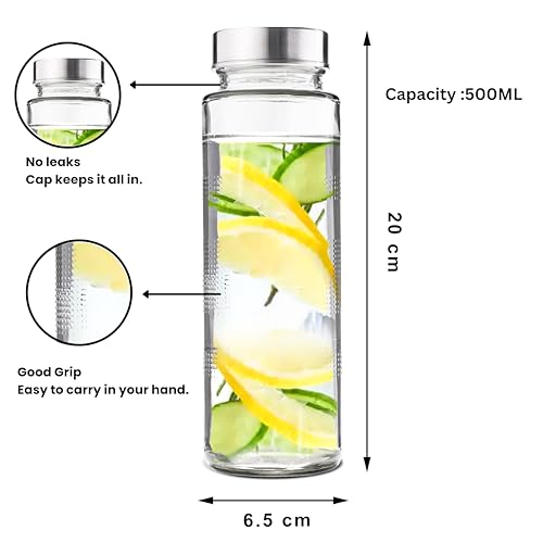 Image of EVATTA Glass Water Bottle 500ml | Set of 2 | Stainless Steel Airtight Leak-Proof Lid | Glass Water Bottle for Fridge | Wide mouth & Easy to Clean | Perfect Bottle for Office, Gym, School, Yoga (2)