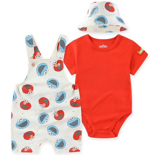 Sesame Street Elmo and Cookie Monster Baby Boys Shortall Overalls with Hat 3-Piece Set for Newborn and Infants