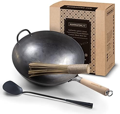 Mammafong Traditional Hand Hammered Round Bottom Carbon Steel Pow Wok Set with Wok Spatula and Bamboo Brush (14 inch wok set with wok accessories)… - Thumbnail 5