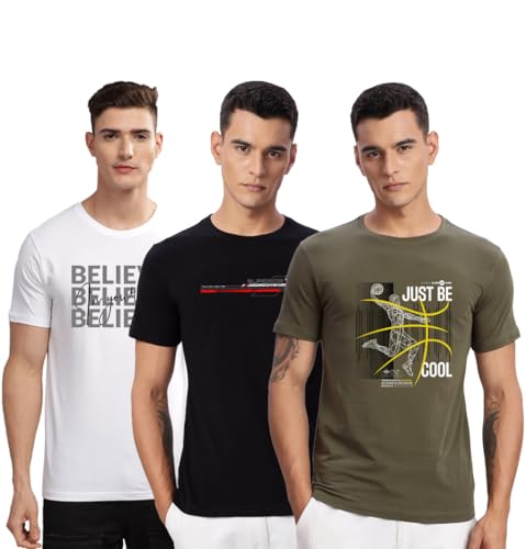Image of ADRO 100% Cotton Lycra Tshirts for Men Combo Pack of 3 | Regular Fit | Printed T Shirt | Round Neck Half Sleeve| Mens Tshirts