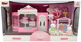 Casa de Bonecas Boutique com Coelhinhas, Loja de Moda em Miniatura, 9cm, Rosa e Branco, com Acessórios