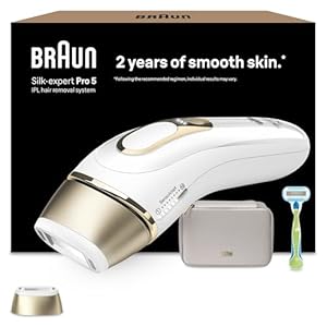 Braun IPL Silk-Expert Pro 5, at Home Hair Removal Alternative for Laser Hair Removal, Includes Pouch and Venus Razor, 2 Years of Smooth Skin, Gift for Women, White/Gold, PL5052