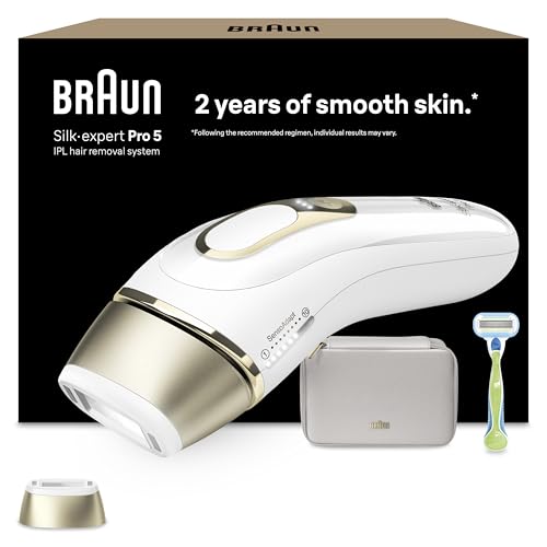 Braun IPL Silk-Expert Pro 5, at Home Hair Removal Alternative for Laser Hair Removal, Includes Pouch and Venus Razor, 2 Years of Smooth Skin, Gift for Women, White/Gold, PL5052