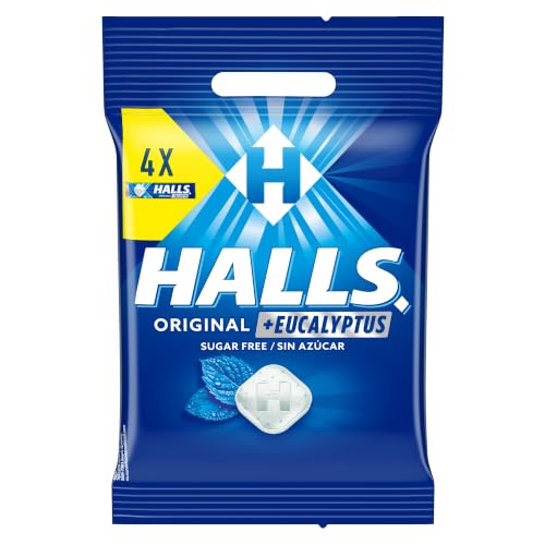 Halls Caramelos Sabor Eucalipto, Sin Azúcar, Paquete de 4 x 32 g