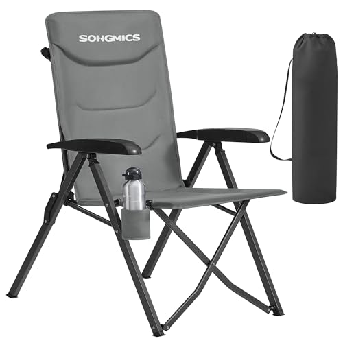SONGMICS Silla de Camping para Adultos, Reclinable 95° 150°, Plegable, Respaldo Alto Ajustable, con Portavasos y Bolsa con Correa para el Hombro, Jardín, Pícnic, Pesca, Gris GCB015GZ01
