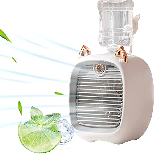 Ventilador de aire acondicionado portátil recargable, mini enfriador de aire USB de escritorio con velocidad de aire ajustable de 3 velocidades y función de humidificador, ventilador de aire