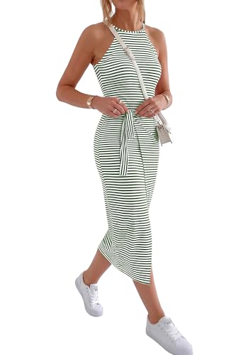 Image of NOLLSOM Women Casual Sleeveless Striped Tank Midi Dresses Halter Neck Ruched Bodycon Dresses Tie Waist T Shirt Summer Dress