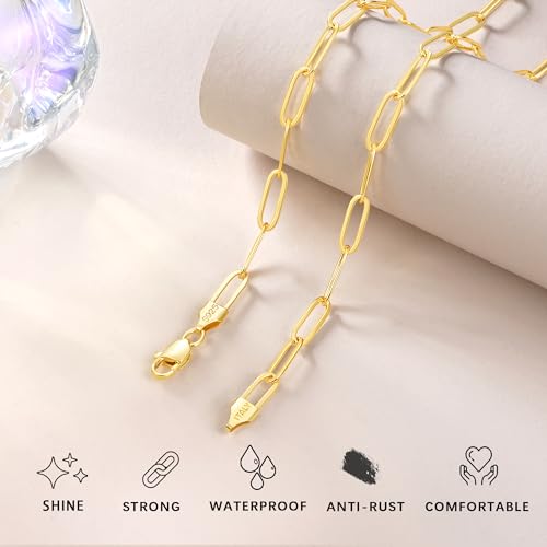 Italy 5mm Solid 18K Gold Over 925 Sterling Silver Paperclip Chain Necklace for Women, Women's Chain Necklace for Women, Shiny & Sturdy & Not Easy to Fade & Comfortable 16 18 20 22 24 26 Inch3