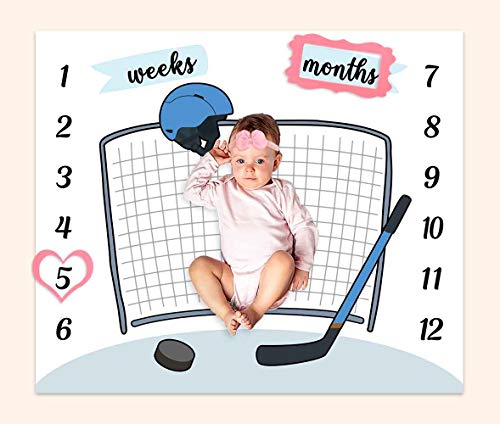 Image of PHMOJEN Baby Age Milestone Blanket, Hockey Goal Helmet Stick Blanket for Nursery, Baby 1-12 Months Growth Chart, Includes 4 Frame and 1 Headband 47"x40" BTLSPH300