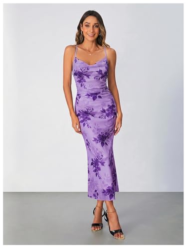 Image of SOLY HUX Women's Floral Mesh Bodycon Cami Dress Cowl Neck Sleeveless Cocktail Party Wedding Guest Long Maxi Dresses