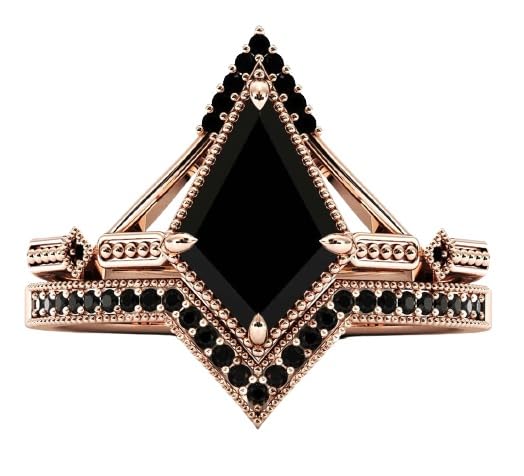 HandmadeVintage Kite Shaped 2.5 CT Black Onyx Engagement Ring Set For Women Black Gemstone Wedding Ring Set 14k Gold Black Onyx Antique Bridal Ring Set Vintage Unique Anniversary Promise Ring Set (10)