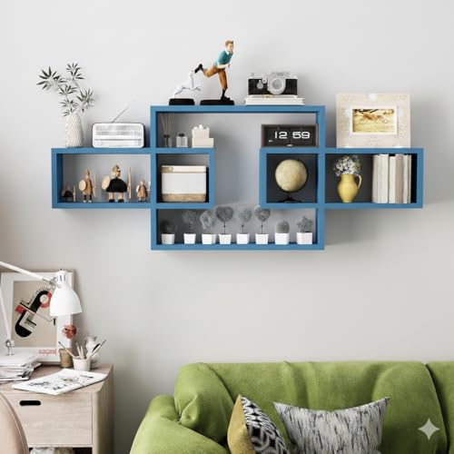 Image of Wooden Wall Shelves for Living Room, Bedroom Wall Mounted Rectangle Bookcase, Intersecting Wall Shelves for Storage Modern Decorative Display Shelves for Wall Decor (Blue)