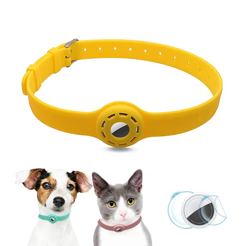UMOPET Airtag Dog Collar Holder Airtag Cat Collar with 1 HD Protective Film 9-19.5inch Soft Silicone Dog Collars for Apple Airtag on Cats Small Dogs Puppies (Yellow)