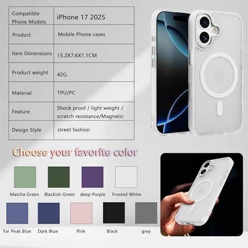 Image of Magnetic for iPhone 17 Phone Case, [Compatible with MagSafe], Screen Protectors X1, [Military Grade Drop Protection],Matte Finish,Slim,Shockproof,Protective (Frosted White, iPhone 17)